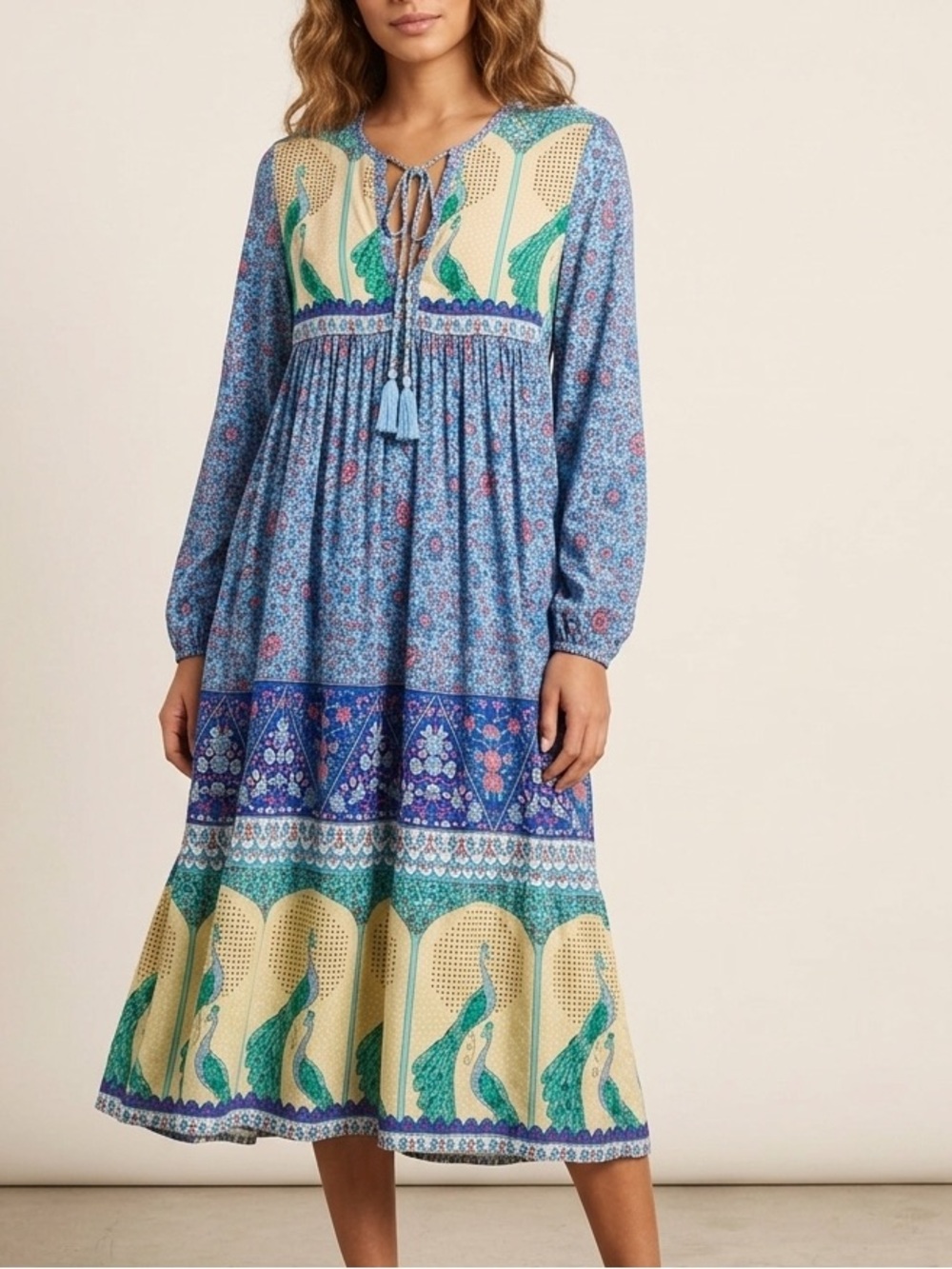 Bohemian Modest Summer Floral Long-Sleeve Midi Dress with Tassel Tie Size Medium